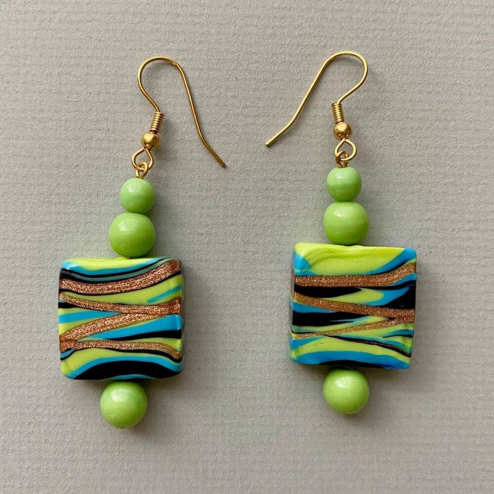 Handcrafted Italian Green Glass Square Drop Earrings